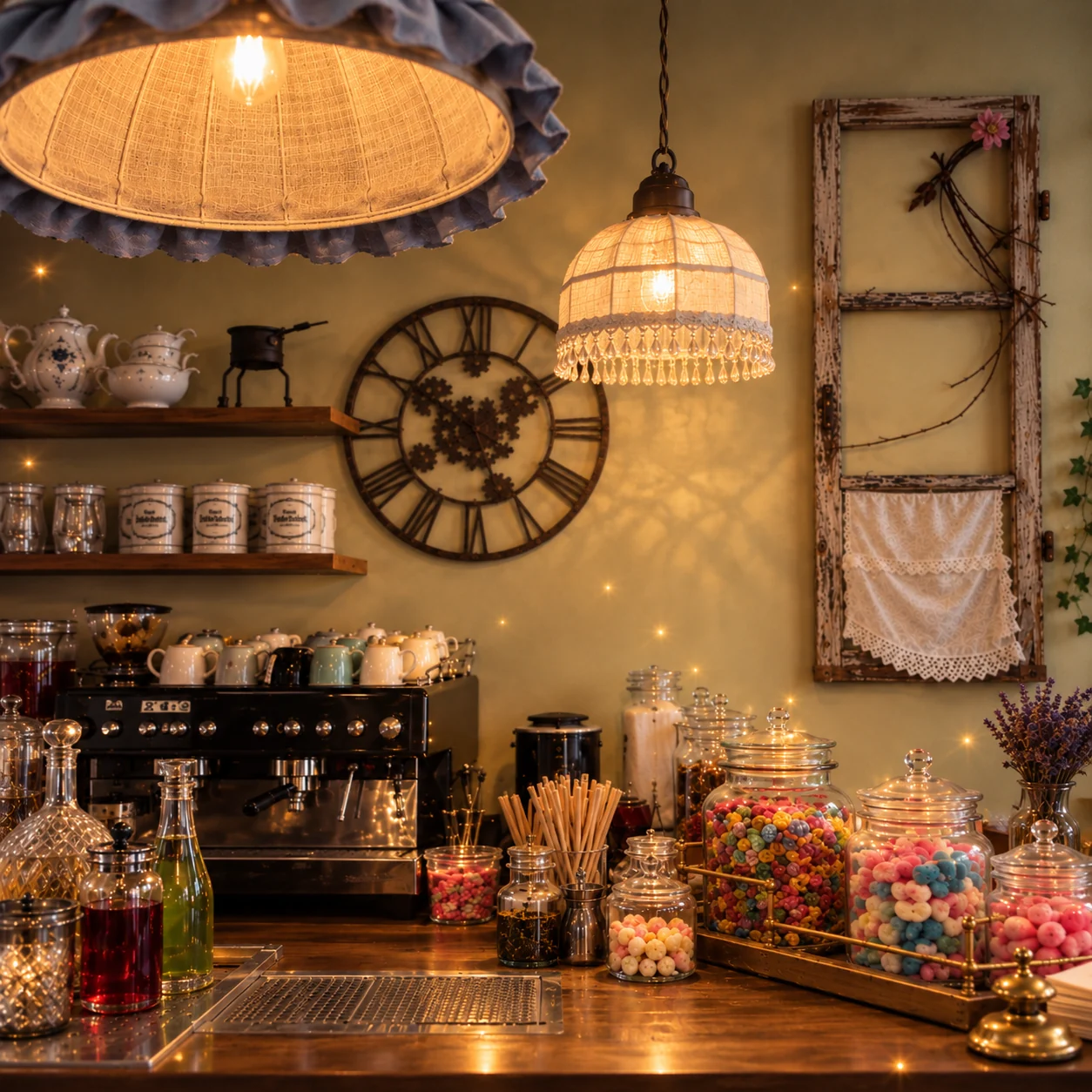 Kaffeebar der Winkelgasse mit Espressomaschine und liebevollen Details – KI-unterstützte Stimmungsvisualisierung