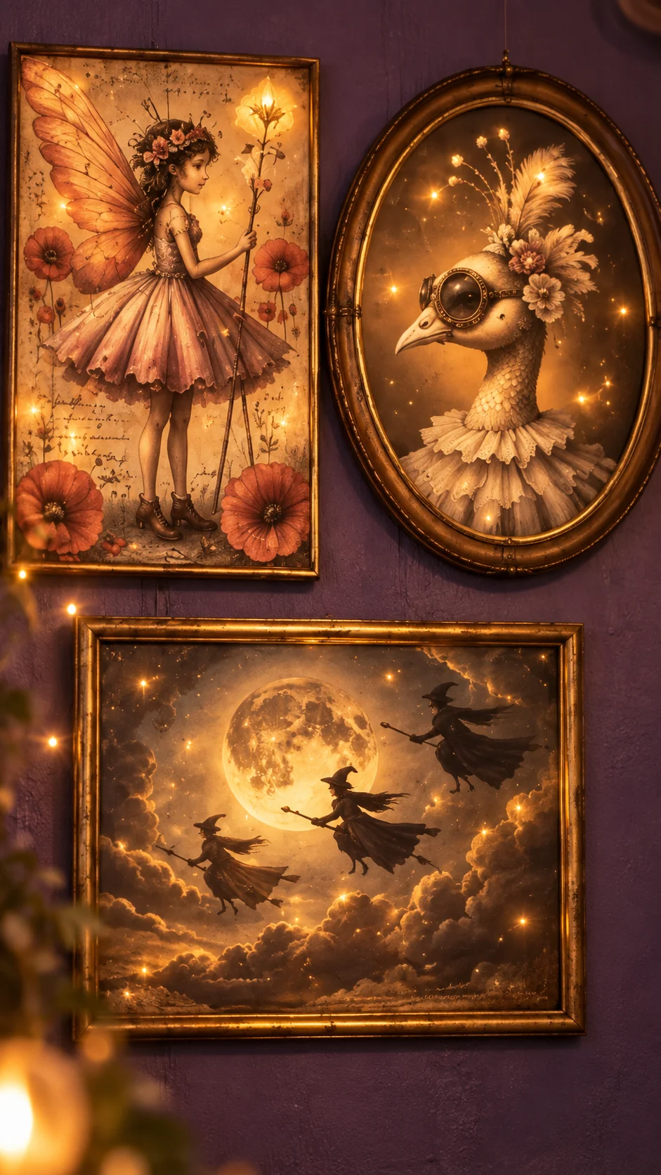 Magische Feenbilder an einer violetten Wand – KI-unterstützte Stimmungsvisualisierung