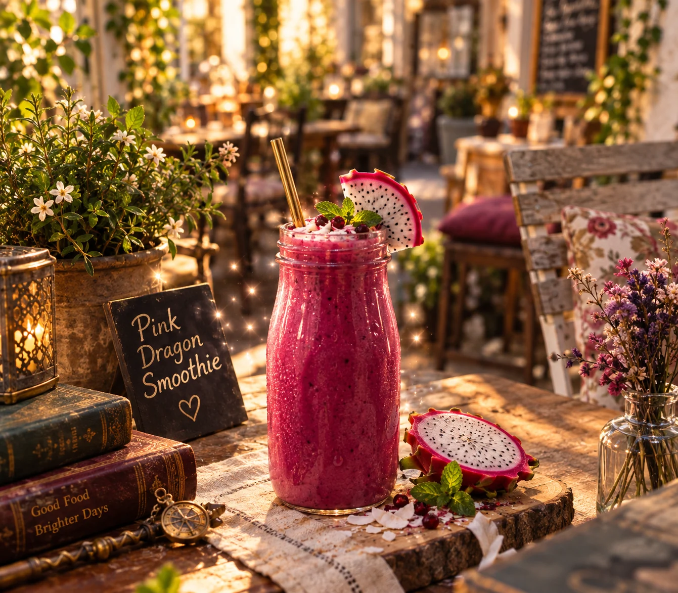 Pink Dragon Smoothie im Feengarten – KI-unterstützte Stimmungsvisualisierung