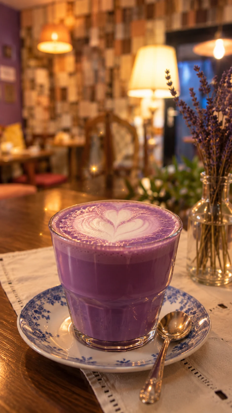 Purple London Fog mit Latte Art im Café – KI-unterstützte Stimmungsvisualisierung